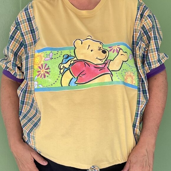 🐻✨ Upcycled Winnie the Pooh Plaid Sleeve Shirt | XL | One-of-a-Kind - Picture 1 of 4